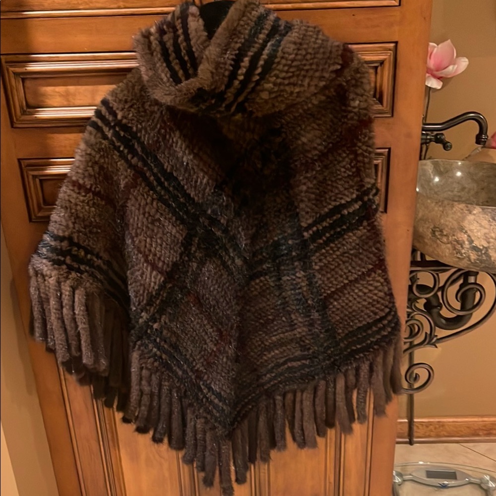 Elegant Brown Plaid Mink Poncho with Fringe Purchased from Neiman Marcus.